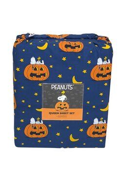 Peanuts Queen Sheet Set Snoopy Halloween By Berkshire Navy w/ Orange Pumpkins